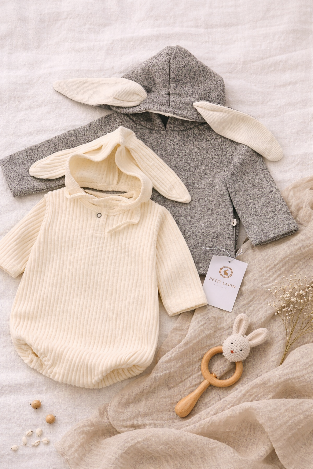 Baby outfit with bunny ears on a textured surface